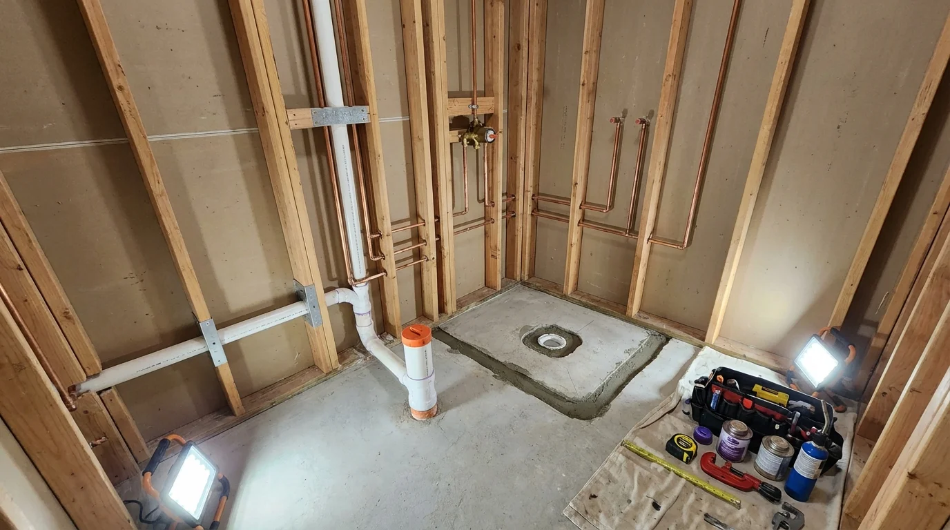Bathroom rough-in plumbing during remodel by Johns Plumbing LLC in Patton